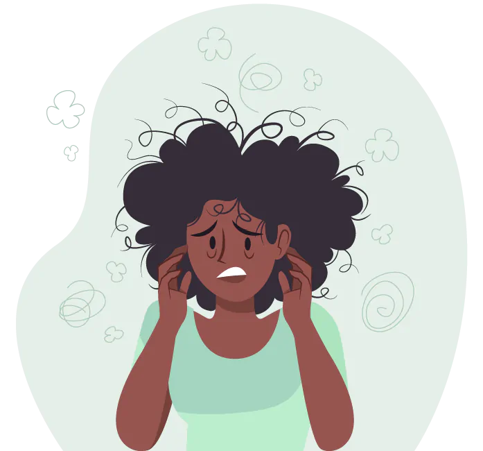 Tipos de ansiedade e como a terapia pode ajudar? Desenho de uma mulher negra com a mão no pescoço, com rosto aflito por estar ansiosa e cheia de problemas. A psicoterapia pode ajudar com os problemas de ansiedade. Para isso agende a terapia online com a psicóloga Laís Reis